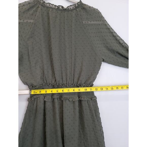 Skies Are Blue Short Dress Tired Ruffled Peasant Sleeve Smocked Women XS Olive‎ - Picture 8 of 12